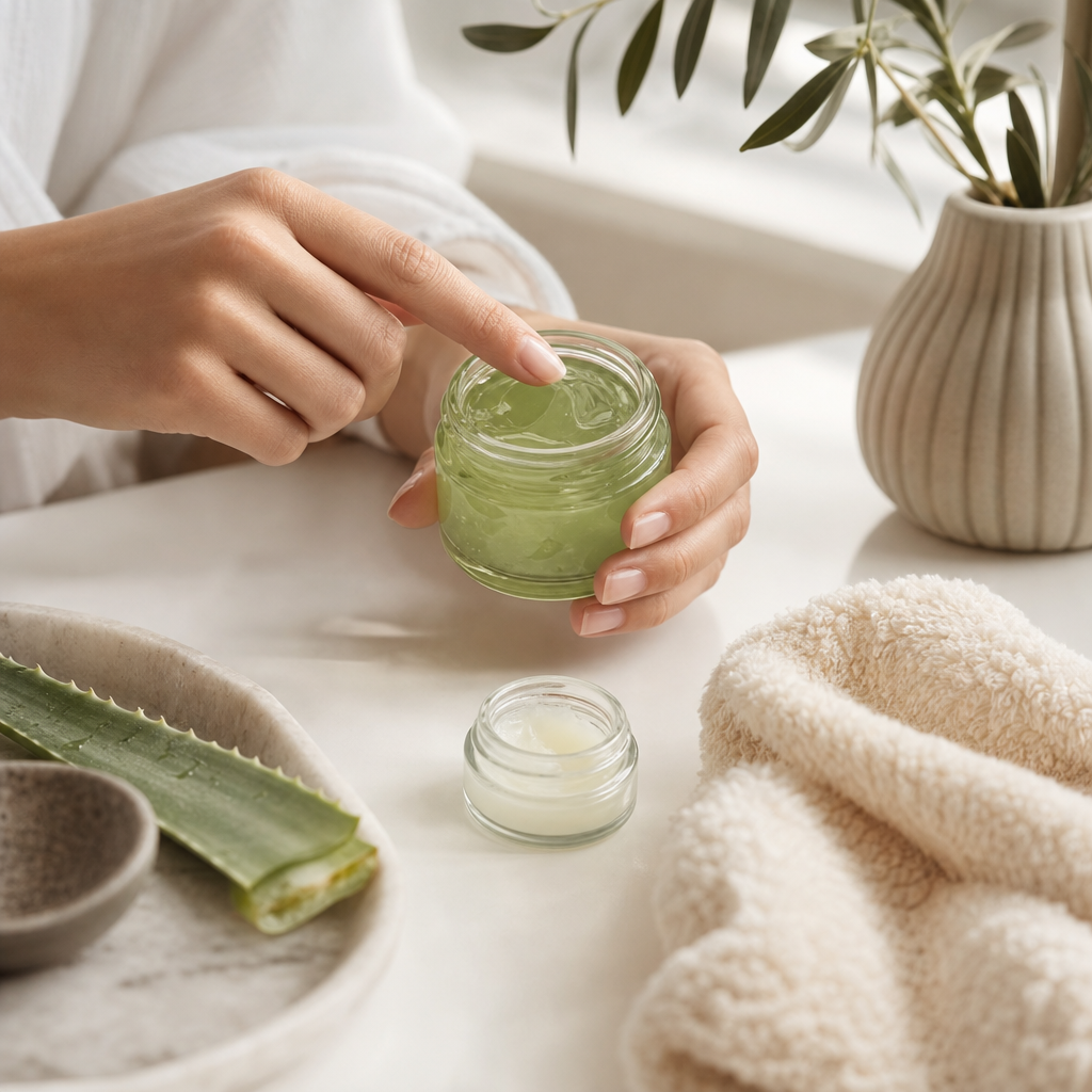 Rustgevende productfoto van natuurlijke verzorgingsproducten: aloë vera gel, zinkzalf en een zachte handdoek op een schone, lichte achtergrond