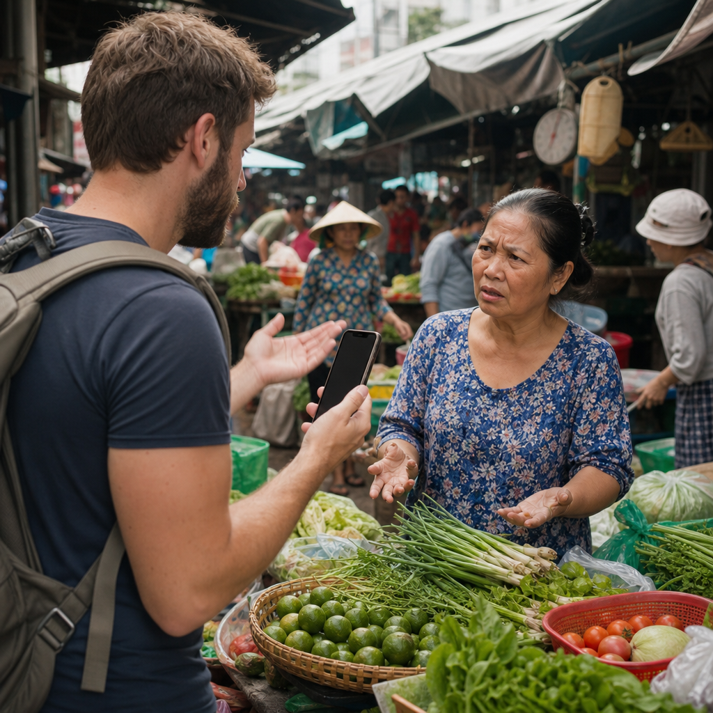 A busy Vietnamese market scene with a Western traveler holding up a phone to a vendor, both looking slightly confused or frustrated - capturing the communication gap moment