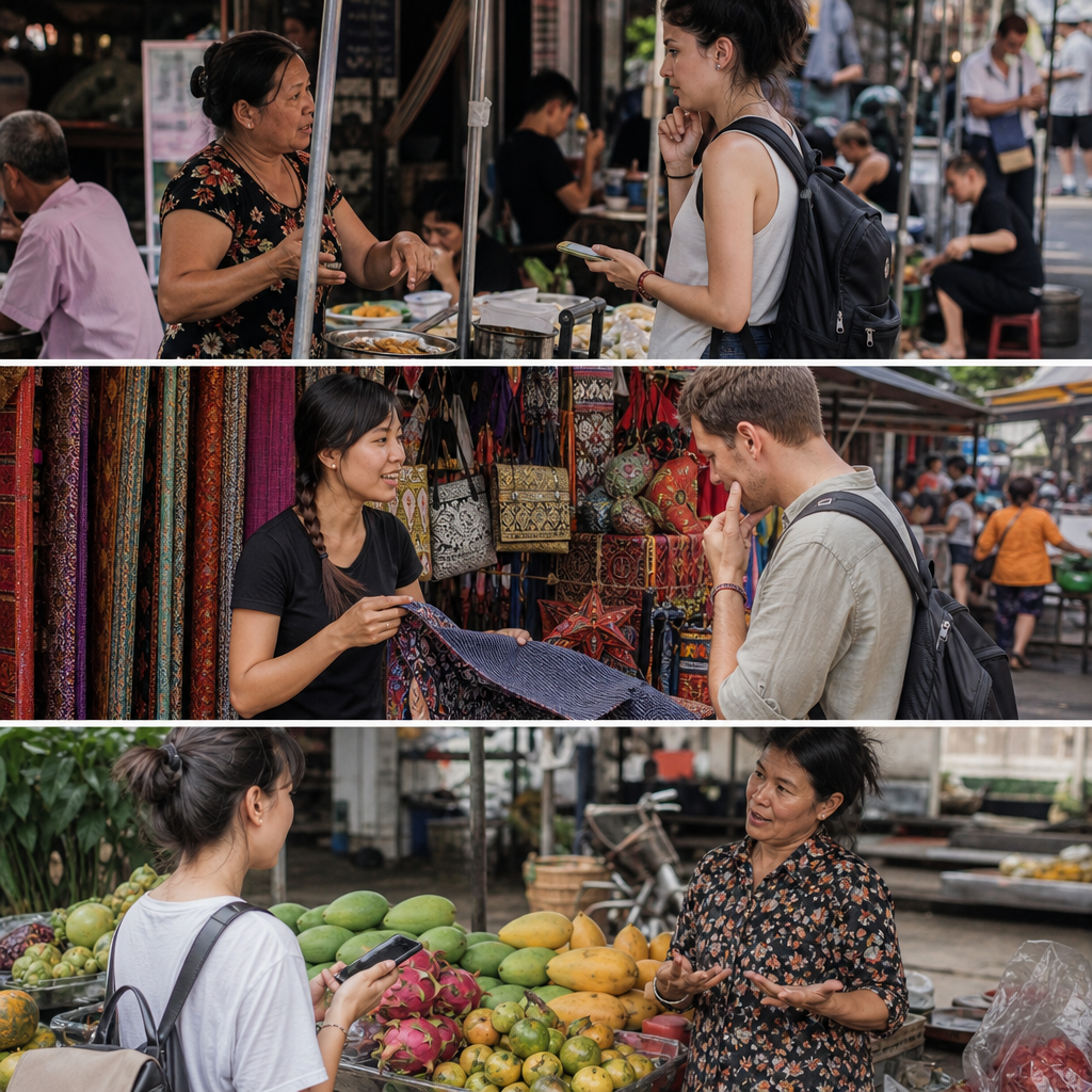 Split image showing three market scenarios: a street food stall, a vendor with textiles/souvenirs, and a fruit seller - all representing common tourist interaction points