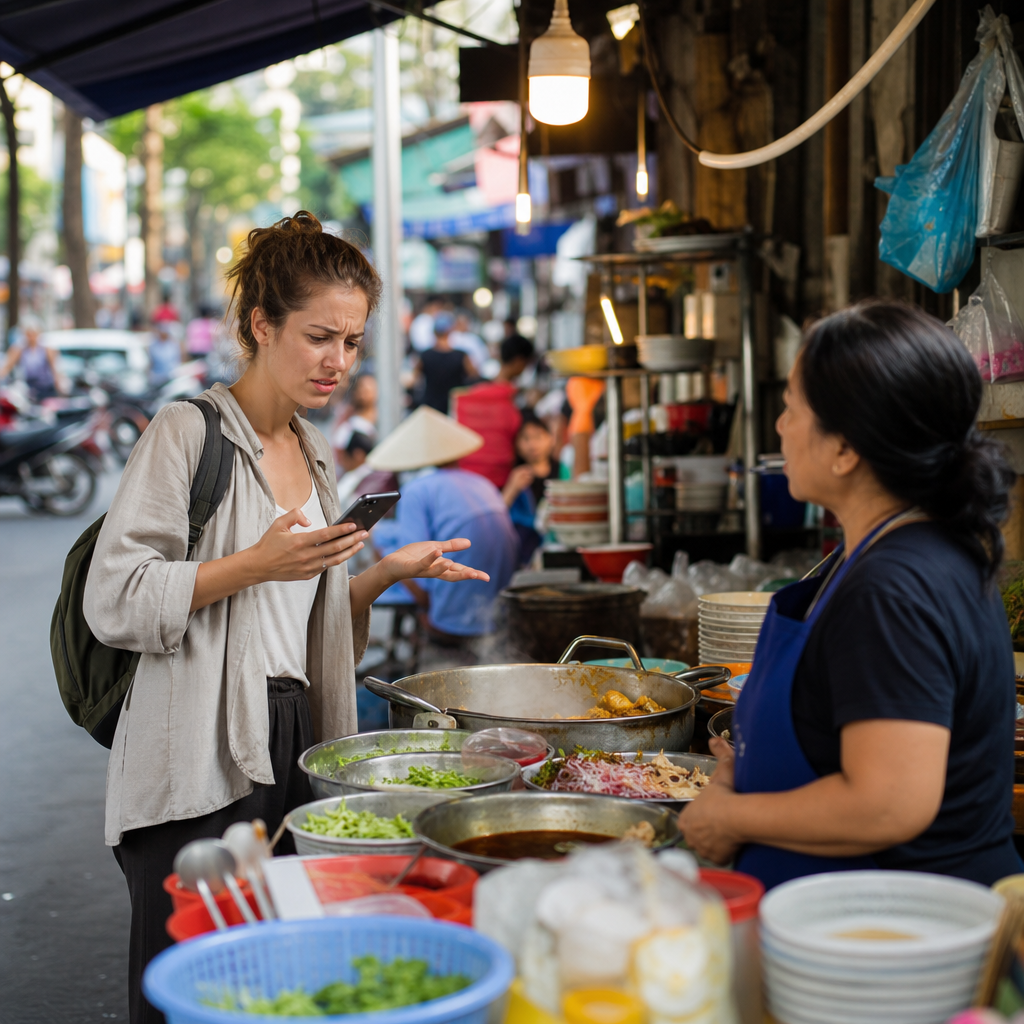 A traveler at a busy Vietnamese street food stall looking frustrated at their phone while the vendor waits, with colorful dishes and steam in the background