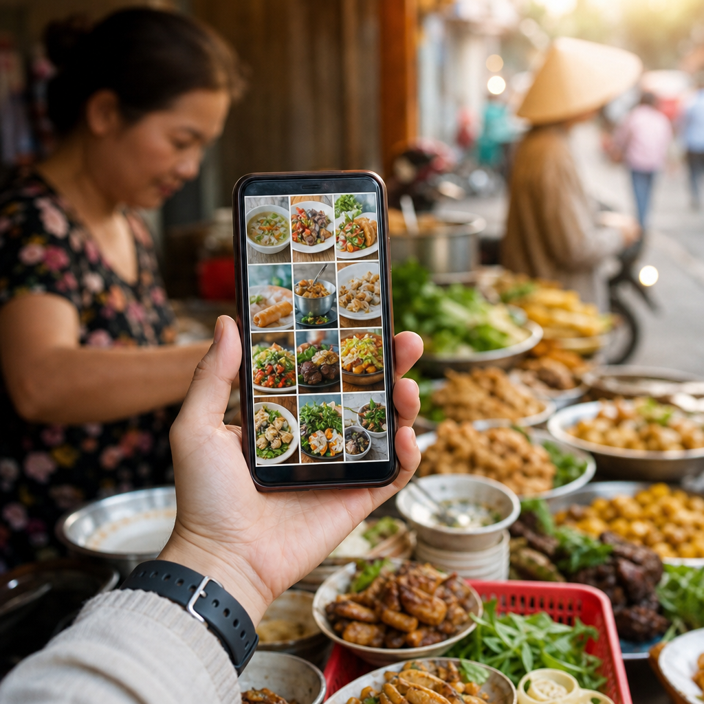 A close-up of a phone screen showing a photo gallery of Vietnamese dishes with Vietnamese text labels, with a market stall blurred in the background