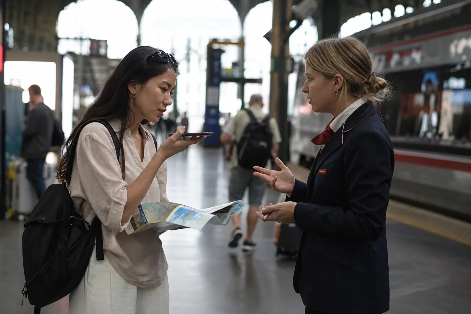 A service professional working with tools while a phone on a nearby surface provides hands-free translation during a client conversation