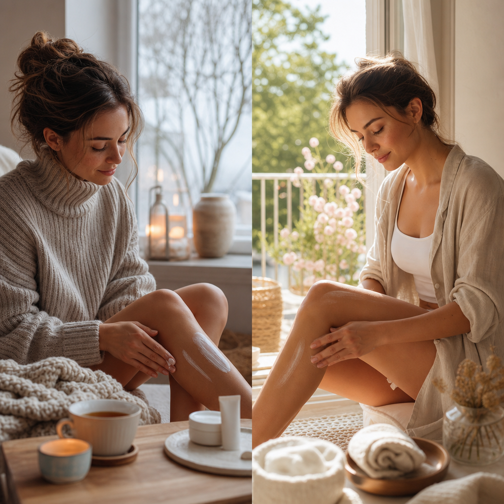 Sfeervolle split-image: links een winters tafereel (warme trui, kop thee, droge huid die wordt ingesmeerd) en rechts een zomers tafereel (zonnig licht, lichte kleding, fris gevoel). Rustige, warme tinten passend bij Wax by Laine.