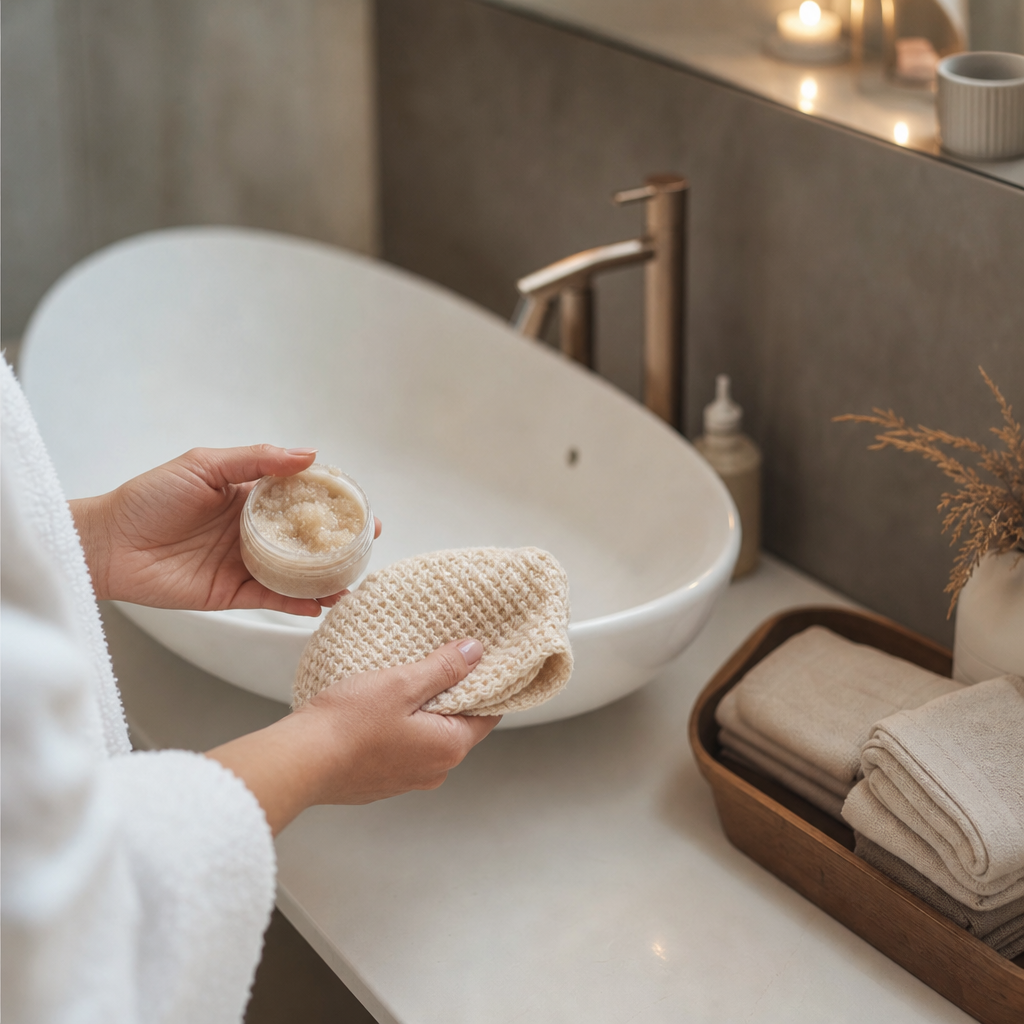 Close-up van handen die een zachte scrub of washand vasthouden, met een minimalistische badkamer op de achtergrond. Rustig, clean beeld dat past bij verzorging en zelfzorg.