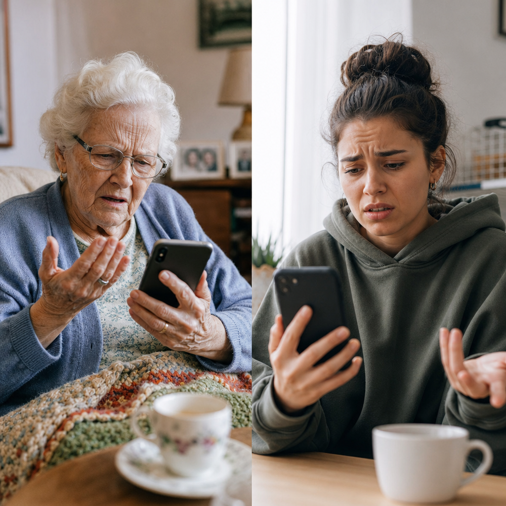 Split-screen showing a grandmother looking confused at her phone on one side, and a frustrated grandchild on the other side - both mid-call but not understanding each other