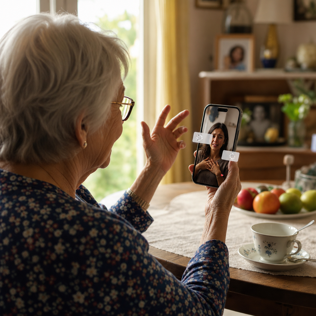 An elderly woman mid-emotional conversation on video call, with visible UI elements (translation boxes, loading indicators) overlaying her face - showing how technology interrupts intimate moments