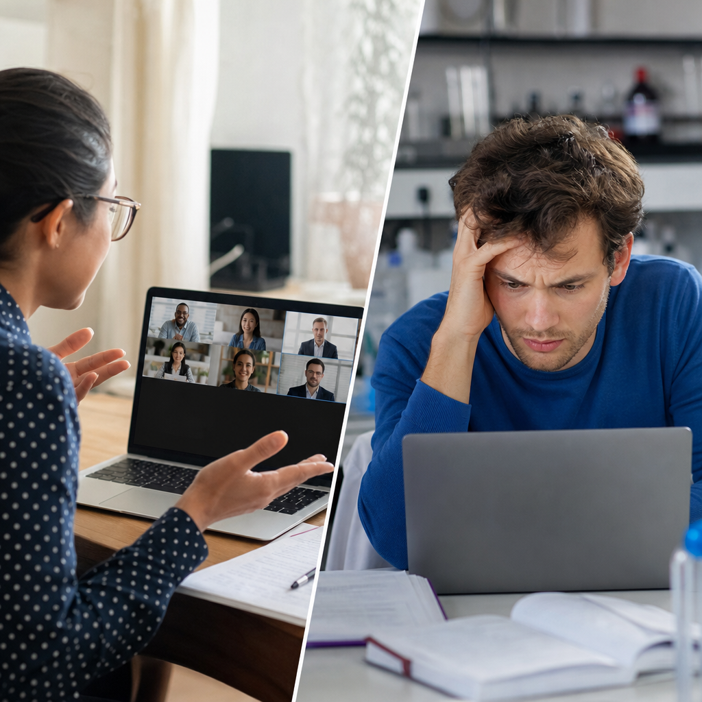 Split-screen showing a Zoom meeting with live captions on one side and a confused researcher looking at mistranslated scientific terms on the other